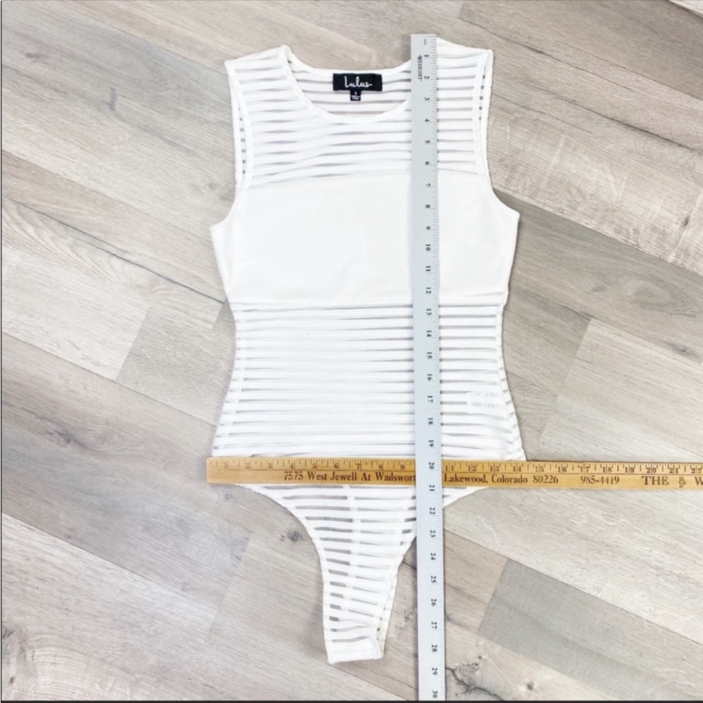 Lulus Sheer & Stripes Illusion Sleeveless Bodysuit Monochrome White Small - Picture 8 of 8